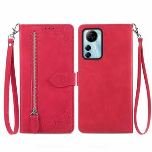 For ZTE Blade V41 Smart Embossed Flower Zipper Leather Phone Case(Red)