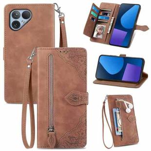 For Fairphone 5 Embossed Flower Zipper Leather Phone Case(Brown)