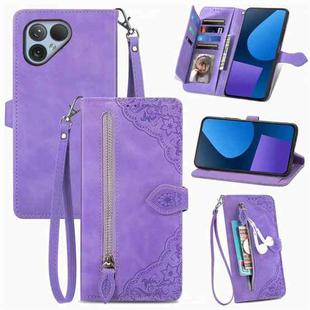 For Fairphone 5 Embossed Flower Zipper Leather Phone Case(Purple)