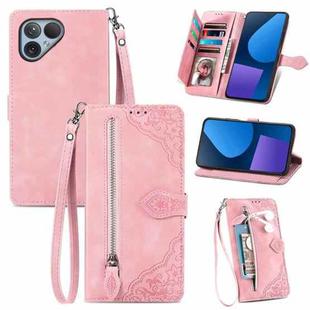 For Fairphone 5 Embossed Flower Zipper Leather Phone Case(Pink)