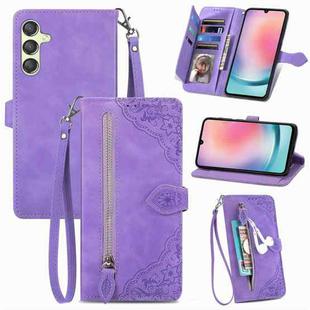 For Samsung Galaxy A25 5G Embossed Flower Zipper Leather Phone Case(Purple)