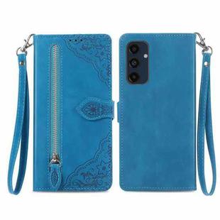 For Samsung Galaxy M55 Embossed Flower Zipper Leather Phone Case(Blue)