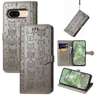 For Google Pixel 8a Cat and Dog Embossed Leather Phone Case(Gray)