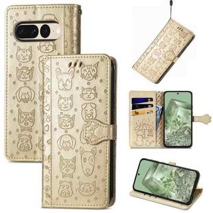 For Google Pixel 7 Pro Cat and Dog Embossed Leather Phone Case(Gold)