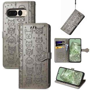 For Google Pixel 7 Pro Cat and Dog Embossed Leather Phone Case(Gray)