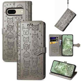 For Google Pixel 7 Cat and Dog Embossed Leather Phone Case(Gray)
