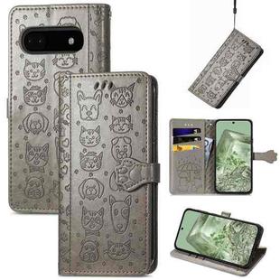 For Google Pixel 6a Cat and Dog Embossed Leather Phone Case(Gray)