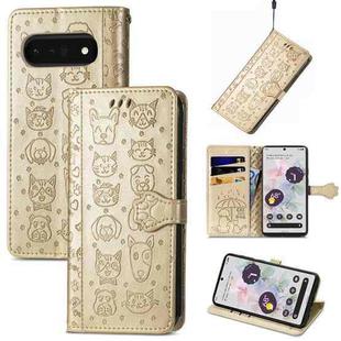 For Google Pixel 6 Pro Cat and Dog Embossed Leather Phone Case(Gold)
