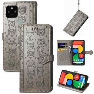 For Google Pixel 5 Cat and Dog Embossed Leather Phone Case(Gray)