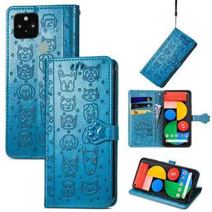 For Google Pixel 5 XL Cat and Dog Embossed Leather Phone Case(Blue)