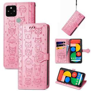 For Google Pixel 5 XL Cat and Dog Embossed Leather Phone Case(Pink)