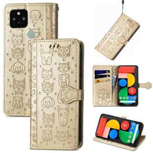 For Google Pixel 5 XL Cat and Dog Embossed Leather Phone Case(Gold)