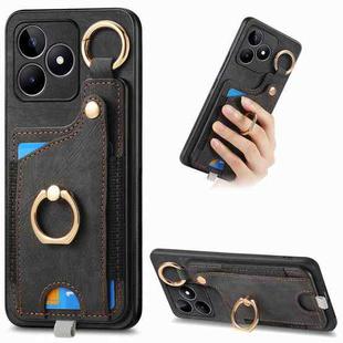 For Realme C53 Retro Skin-feel Ring Card Bag Phone Case with Hang Loop(Black)