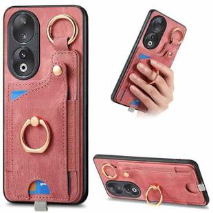 For Honor 90 Retro Skin-feel Ring Card Bag Phone Case with Hang Loop(Pink)
