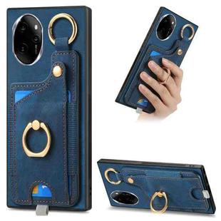 For Honor 100 5G Retro Skin-feel Ring Card Bag Phone Case with Hang Loop(Blue)