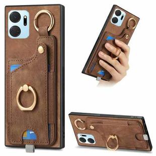 For Honor X7a Retro Skin-feel Ring Card Bag Phone Case with Hang Loop(Brown)