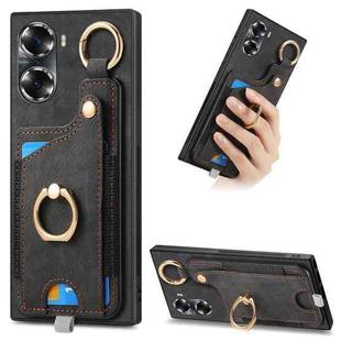 For Honor 60 Retro Skin-feel Ring Card Bag Phone Case with Hang Loop(Black)