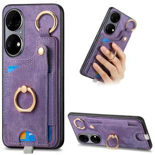 For Huawei P50 Retro Skin-feel Ring Card Bag Phone Case with Hang Loop(Purple)