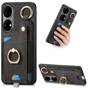 For Huawei P50 Retro Skin-feel Ring Card Bag Phone Case with Hang Loop(Black)