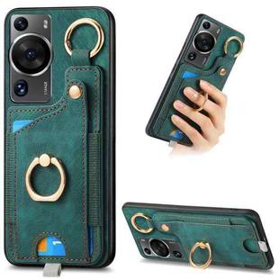 For Huawei P60 Pro Retro Skin-feel Ring Card Bag Phone Case with Hang Loop(Green)