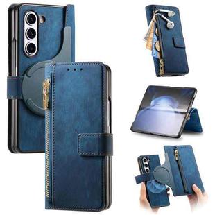 For Samsung Galaxy Z Fold6 5G Retro MagSafe Magnetic Zipper Wallet Leather Phone Case(Blue)