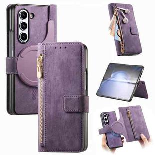 For Samsung Galaxy Z Fold6 5G Retro MagSafe Magnetic Zipper Wallet Leather Phone Case(Purple)