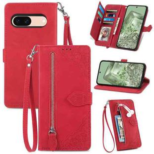 For Google Pixel 8a Embossed Flower Zipper Leather Phone Case(Red)