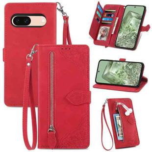 For Google Pixel 7a Embossed Flower Zipper Leather Phone Case(Red)