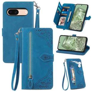 For Google Pixel 5a Embossed Flower Zipper Leather Phone Case(Blue)