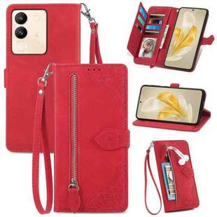 For vivo V29e/ Y200 Embossed Flower Zipper Leather Phone Case(Red)