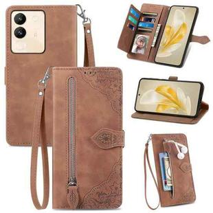 For vivo V29e/ Y200 Embossed Flower Zipper Leather Phone Case(Brown)