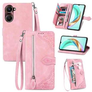 For vivo Y37 Embossed Flower Zipper Leather Phone Case(Pink)