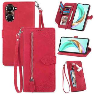 For vivo Y37 Embossed Flower Zipper Leather Phone Case(Red)