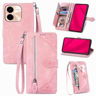 For vivo Y37 Pro Embossed Flower Zipper Leather Phone Case(Pink)