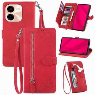 For vivo Y37 Pro Embossed Flower Zipper Leather Phone Case(Red)