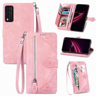 For T-Mobile REVVL V+ 5G Embossed Flower Zipper Leather Phone Case(Pink)