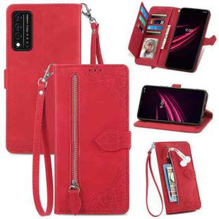 For T-Mobile REVVL V+ 5G Embossed Flower Zipper Leather Phone Case(Red)