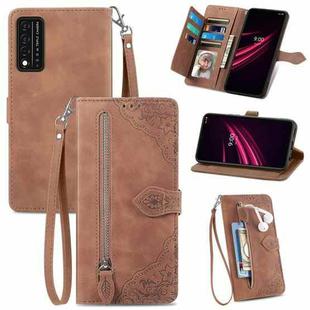 For T-Mobile REVVL V+ 5G Embossed Flower Zipper Leather Phone Case(Brown)