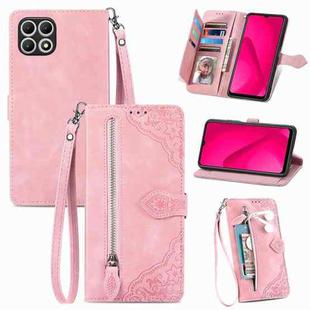 For T-Mobile T Phone 2 5G Embossed Flower Zipper Leather Phone Case(Pink)