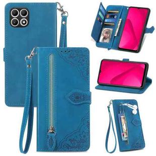 For T-Mobile REVVL 7 5G Embossed Flower Zipper Leather Phone Case(Blue)