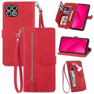 For T-Mobile REVVL 7 Pro 5G Embossed Flower Zipper Leather Phone Case(Red)