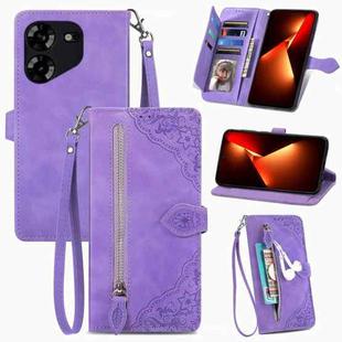 For Tecno Pova 5 4G  Embossed Flower Zipper Leather Phone Case(Purple)