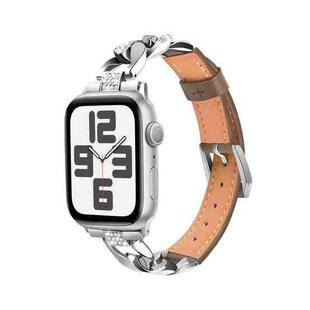For  Apple Watch Series 8 41mm Rhinestone Denim Chain Leather Watch Band(Dark Brown)