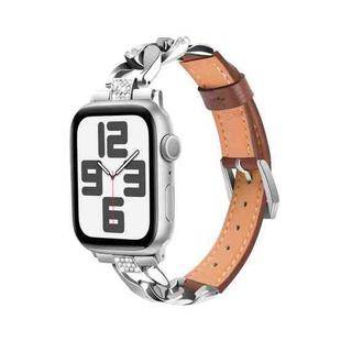 For Apple Watch Series 8 45mm Rhinestone Denim Chain Leather Watch Band(Brown)