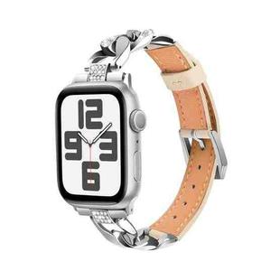 For Apple Watch Series 3 42mm Rhinestone Denim Chain Leather Watch Band(Apricot)
