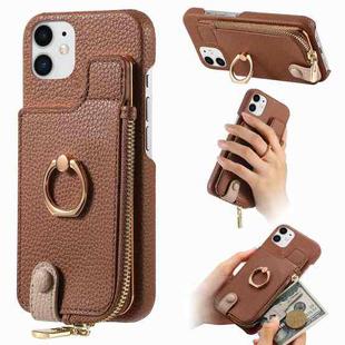 For iPhone 11 Litchi Leather Oil Edge Ring Zipper Wallet Back Phone Case(Brown)