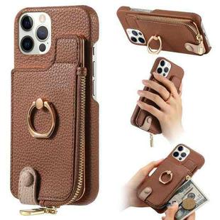 For iPhone 12 Pro Max Litchi Leather Oil Edge Ring Zipper Wallet Back Phone Case(Brown)