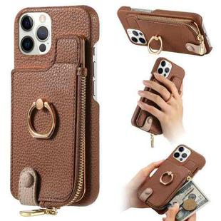 For iPhone 12 Pro Litchi Leather Oil Edge Ring Zipper Wallet Back Phone Case(Brown)