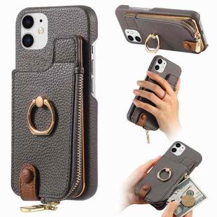 For iPhone 12 Litchi Leather Oil Edge Ring Zipper Wallet Back Phone Case(Grey)