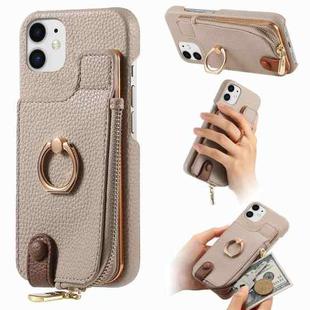 For iPhone 12 Litchi Leather Oil Edge Ring Zipper Wallet Back Phone Case(Khaki)